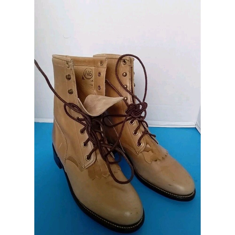 Justin Western Leather Roper Boots Tan Lace-Up Cowboy Riding Boots‎